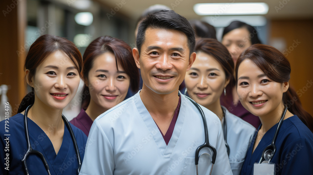 Dedicated team of smiling Asian doctors and healthcare professionals in hospital.