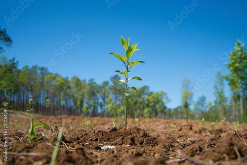 lone young tree sapling standing tall in open field with clear sky