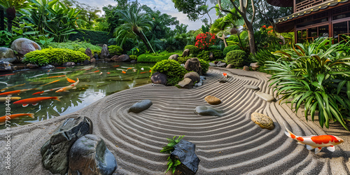 A serene zen garden with colorful koi fish swimming gracefully in a tranquil pond.