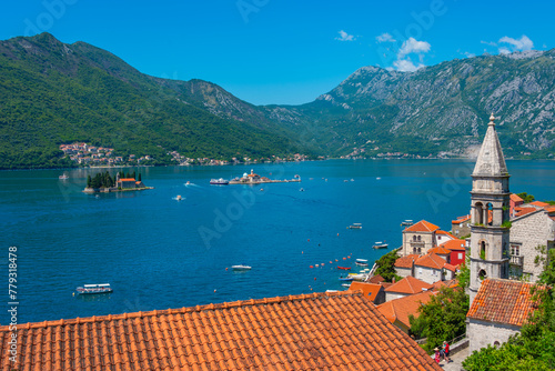 Aerial view of Church of Our Lady of Skrpjela and Saint George Catholic Monastery near Perast in Montenegro photo