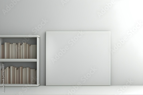 white mockup for a painting in a monochrome interior, there are shelves with books nearby, generated by AI