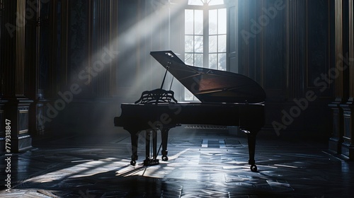 In a dimly lit room, a black grand piano glistens under a single spotlight, its sleek curves and ebony finish commanding attention. photo