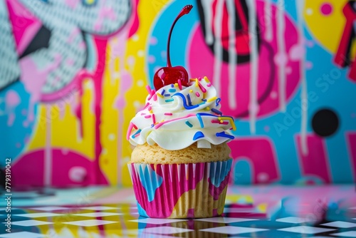Retro Styled Cupcake with Cherry on Top and Colorful Sprinkles