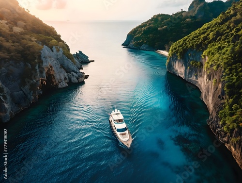 the essence of luxury sea travel with a stunning and realistic drone photo showcasing a motor boat cruising through a picturesque sea bay, vacation concept