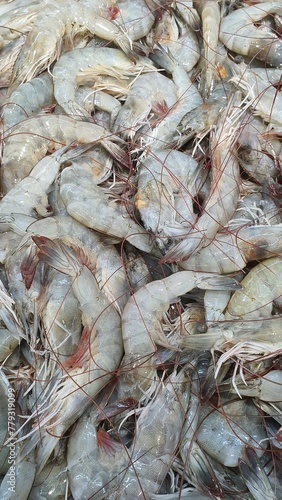 Close up photo of fresh shrimp on ice sold at the market