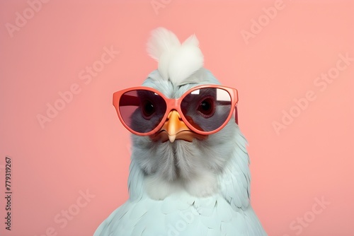 Close-up of the head of a funny  chicken  in sunglasses on a pink  background, generated by AI