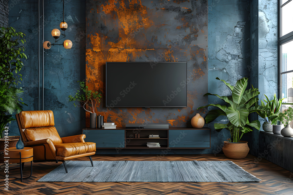 Minimalist TV cabinet mockup in dark gray and teal with armchair style raw