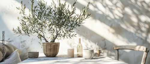 Fresh Olive Branch on Wooden Table, Concept of Mediterranean Cuisine, Healthy Organic Ingredients
