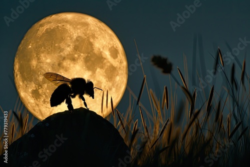 A bee silhouette against the full moon photo
