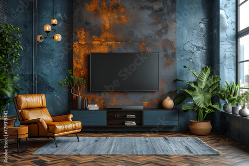 Wallpaper Mural Minimalist TV cabinet mockup in dark gray and teal with armchair style raw Torontodigital.ca