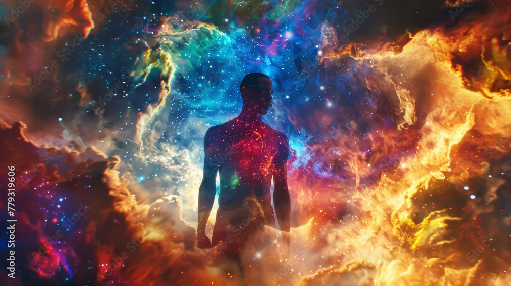 A mysterious black man stands before a backdrop of swirling vibrant nebulas. His strong pose and intricately detailed celestialinspired attire exude a sense of cosmic power and intrigue. . A mysterious black man stands before a backdrop of swirling vibrant nebulas. His strong pose and intricately detailed celestialinspired attire exude a sense of cosmic power and intrigue. .