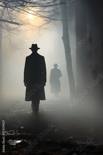 Two 19th century men with winter coats, walking on an empty white space, they are turning their backs to the spectator. Foggy, hazy and diffuse shapes