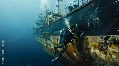 A diver wearing a specialized apparatus attached to a large tanker ship collecting waste and converting it into biofuel. The ship is marked with a symbol for reduced carbon emissions .