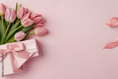Top view photo of stylish pink giftbox with ribbon bow and bouquet of tulips on pastel pink background © rutchakon
