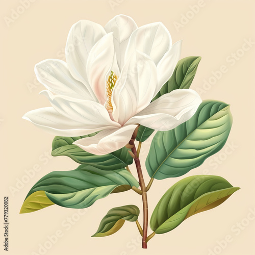 Illustration of a single white magnolia flower with detailed petals and leaves against a neutral background.
