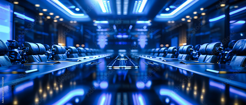 Fototapeta premium Futuristic Technology Corridor, Modern Digital Design with Blue Lighting, Science Fiction Inspired Interior