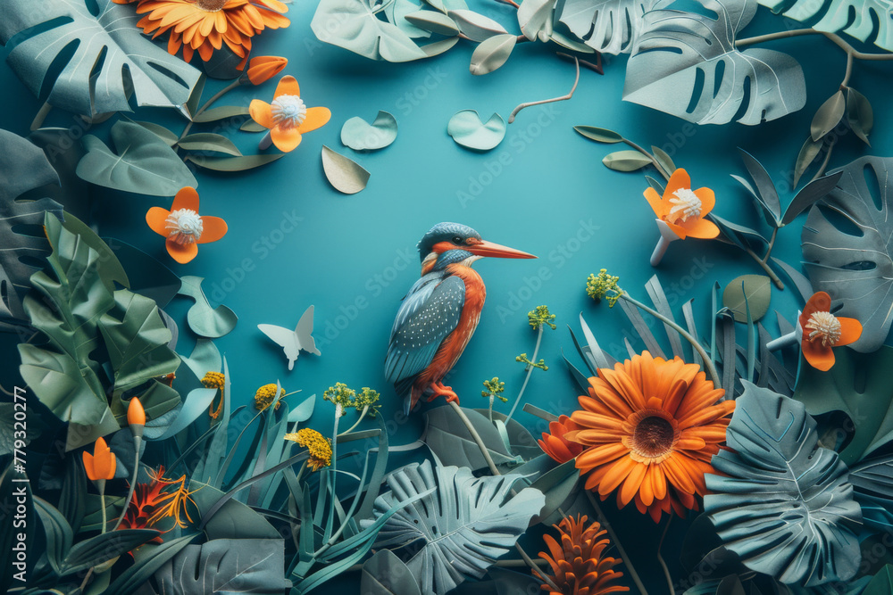 A beautifully crafted kingfisher bird perched amid vibrant paper flora and fauna on a teal background.