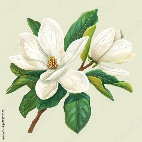 Artistic rendering of two blooming white magnolia flowers with lush green leaves.