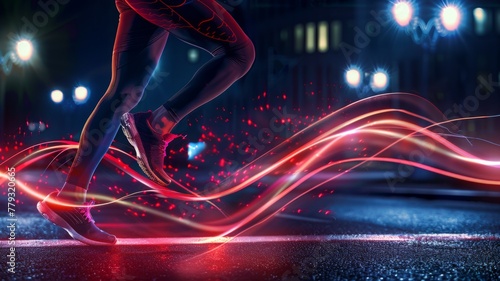 Runner with dynamic energy trails on city street - An energetic digital artwork focusing on a sprinter mid-run, enveloped by glowing energy trails on a dimly lit city street, depicting motion and vita © Tida