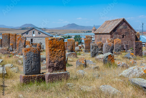 Noratus cemetery with Khachkars - ancient tombstones in Armenia photo