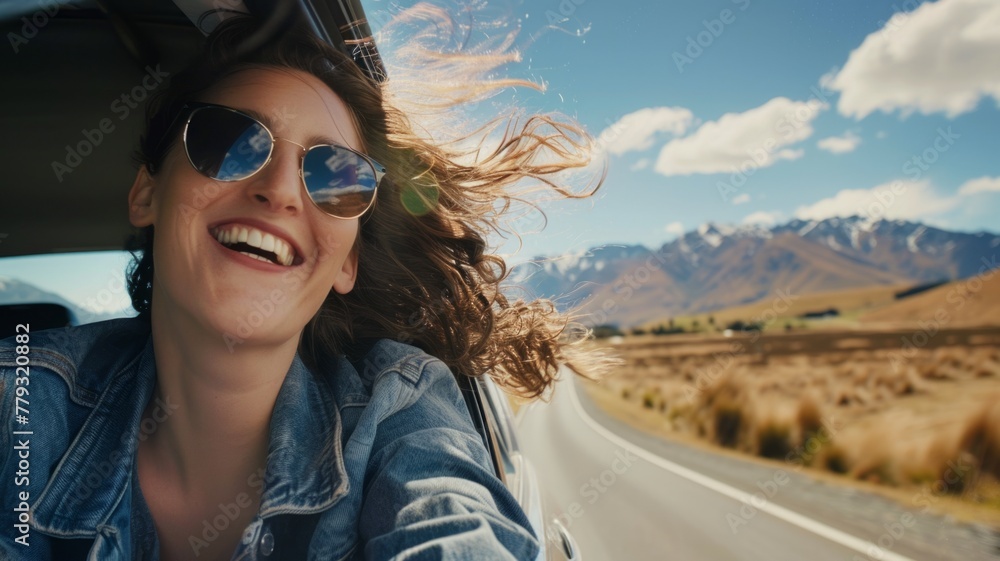Joyful woman in car on road trip - Happy woman in sunglasses with wind in her hair enjoying a sunny road trip Joyful woman in car on road trip - Happy woman in sunglasses with wind in her hair enjoying a sunny road trip