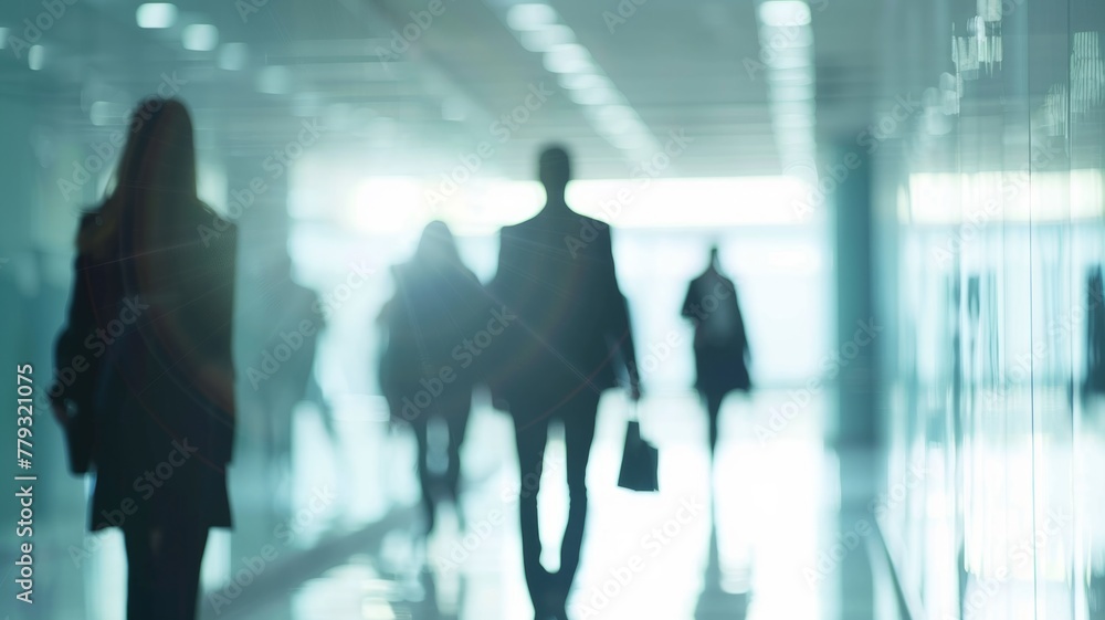 Silhouetted figures in an office hallway - The image features silhouetted figures walking through a dimly lit office hallway, creating an aura of mystery Silhouetted figures in an office hallway - The image features silhouetted figures walking through a dimly lit office hallway, creating an aura of mystery