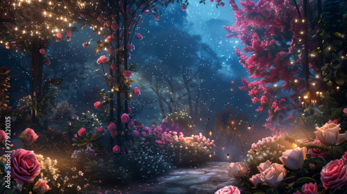Fantastical animated illustration of an enchanted flower garden glowing at night with a magical  dreamy atmosphere.