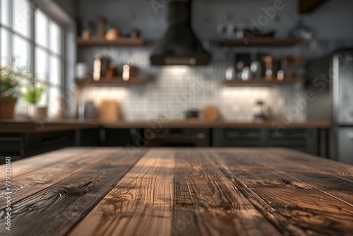 Kitchen background with wood table top 