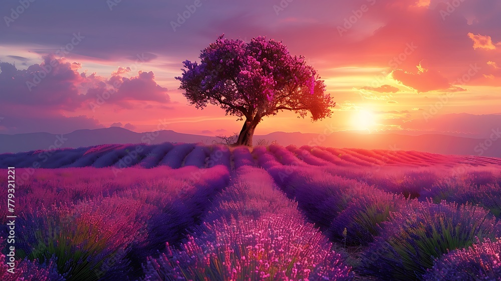 A picturesque lavender field under a pastel sunset, with a solitary tree in the background.