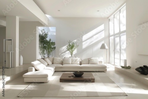 Minimalist living room design with large windows and white couches.