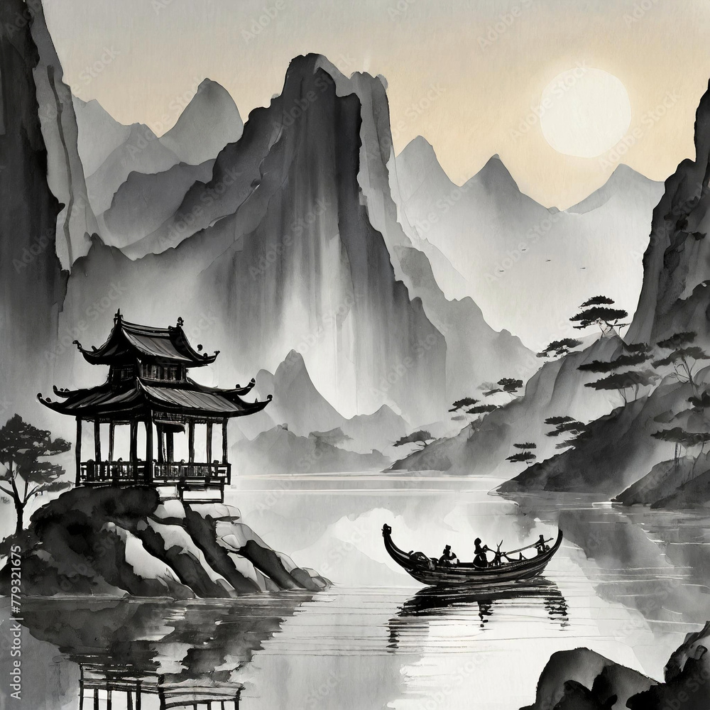 Oriental painting depicting high mountains and rivers