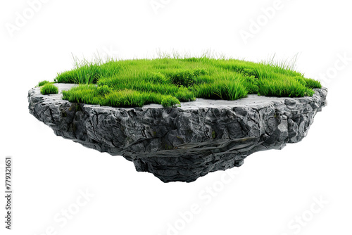 3d illustration Floating slice of land with green grass surface and soil section. isolated on white background, png