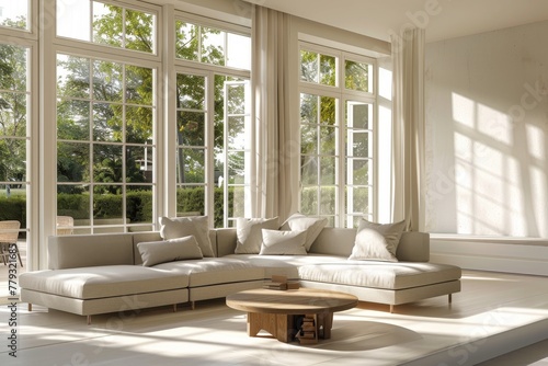 Spacious living room with panoramic windows and designer furniture.