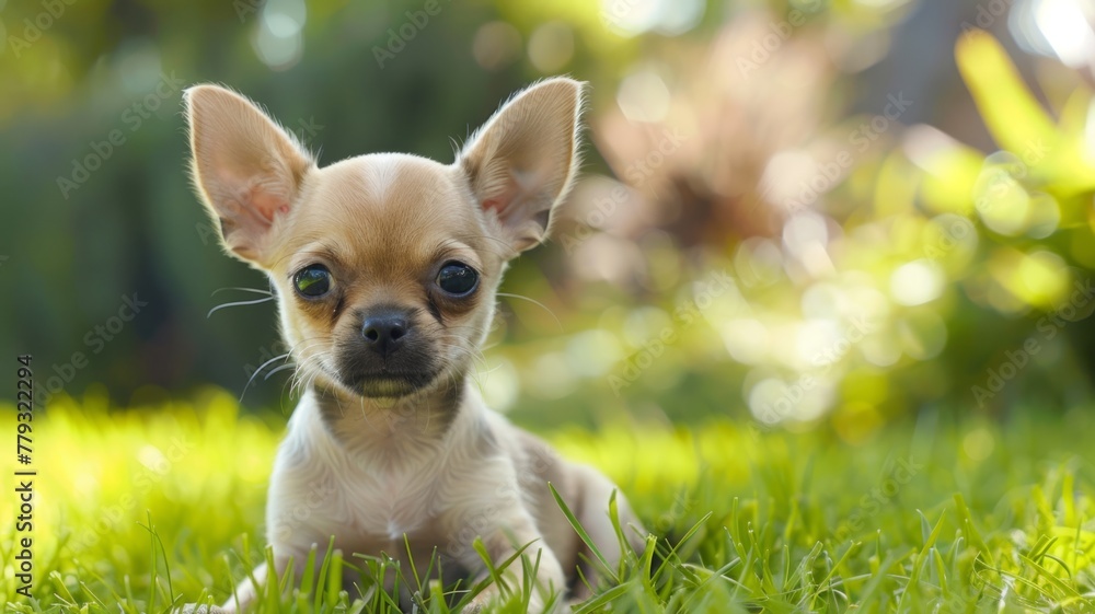 Cute Chihuahua pup lying down on grass - This heartwarming image captures a tiny Chihuahua puppy lying down on the grass, gazing with innocence Cute Chihuahua pup lying down on grass - This heartwarming image captures a tiny Chihuahua puppy lying down on the grass, gazing with innocence