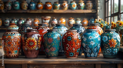 A set of colorful, hand-painted ceramics displayed on wooden shelves in a sunlit room.
