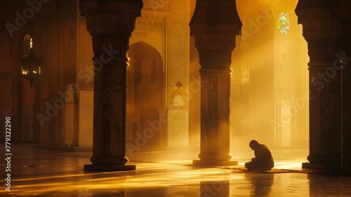 Person meditating in golden light mosque - The warm golden light bathes the tranquil scene of an individual meditating in a mosque, evoking serenity and devotion © Tida
