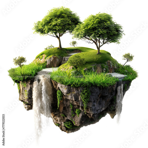 3D illustration Flying land with beautiful landscape, green grass and waterfalls mountains, floating forest island, isolated on white background, png
