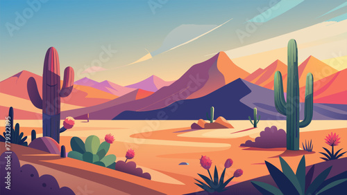 A depiction of a desert landscape blooming with colorful cacti and wildflowers after a heavy rainfall symbolizing the resilience and