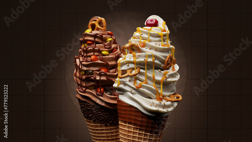 Salted Caramel & Chocolate Peanut Butter Soft Serve Ice Cream in Waffle Cones - 3d Render (ID: 779323222)