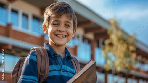 Smiling schoolboy holding a book - A cheerful boy with a backpack holds a schoolbook in front of a building suggesting happiness and education photo