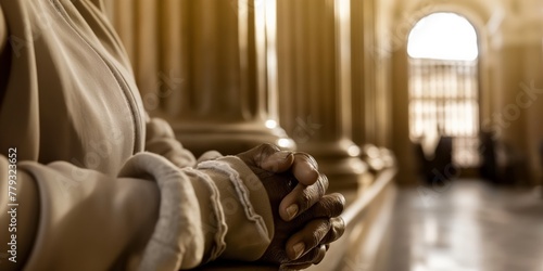 Praying hands clasped together in a church aisle, invoking a sense of peace and piety in a serene, light-filled religious sanctuary. photo