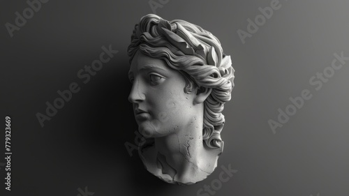 Classical bust sculpture on dark background - A classical bust sculpture of an ancient Greek or Roman figure is illustrated against a dark backdrop