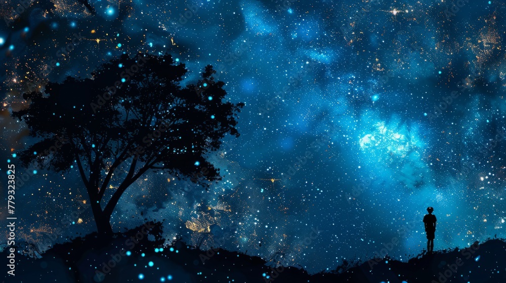Solitary figure under a starry night sky - A lone person stands under a ...