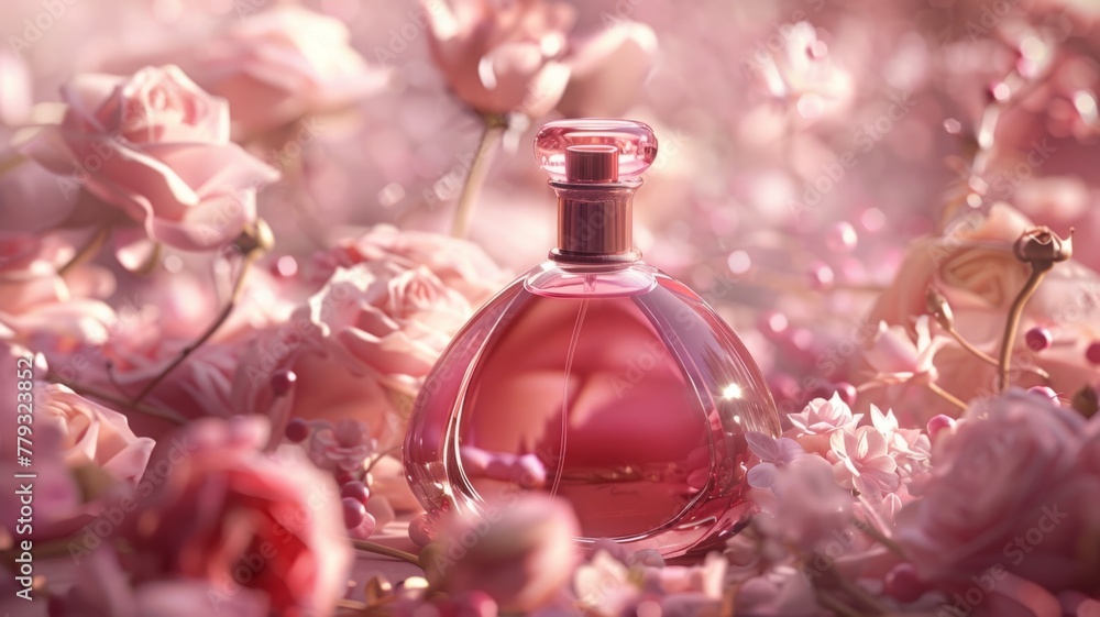 Elegant perfume bottle among roses - A luxurious and stylish perfume bottle surrounded by a soft, romantic sea of pink and white roses, depicting beauty and sophistication Elegant perfume bottle among roses - A luxurious and stylish perfume bottle surrounded by a soft, romantic sea of pink and white roses, depicting beauty and sophistication