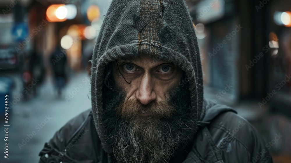 Person in hood standing in busy street - A mysterious figure with a hood stands in a bustling street environment, face obscured, evoking a sense of anonymity among the urban life Person in hood standing in busy street - A mysterious figure with a hood stands in a bustling street environment, face obscured, evoking a sense of anonymity among the urban life