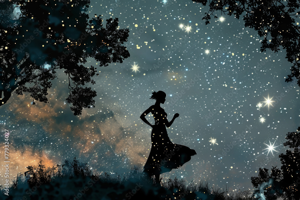 Dreamy silhouette of a woman under starry sky - A woman in a flowing dress stands under a tree against the backdrop of a starry night sky, conveying a whimsical feel