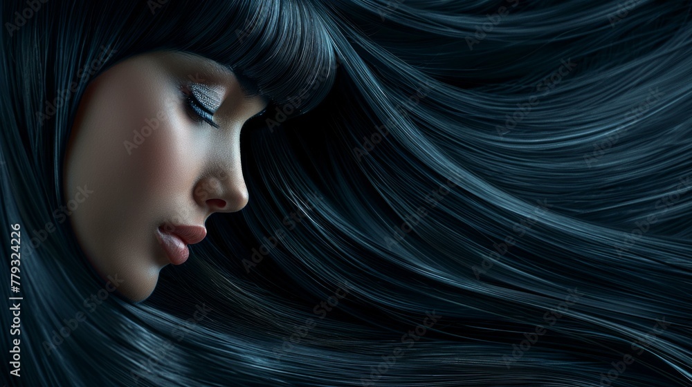 Naklejka premium Beauty with long black hair, straight and sleek, dark backdrop, captivating and serene, AI Generative