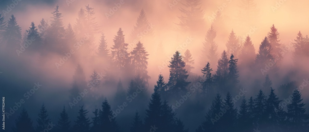 Forest in fog A mystical view of a forest shrouded in fog at sunrise, the trees' silhouettes captured in ethereal high-resolutio, AI Generative Forest in fog A mystical view of a forest shrouded in fog at sunrise, the trees' silhouettes captured in ethereal high-resolutio, AI Generative