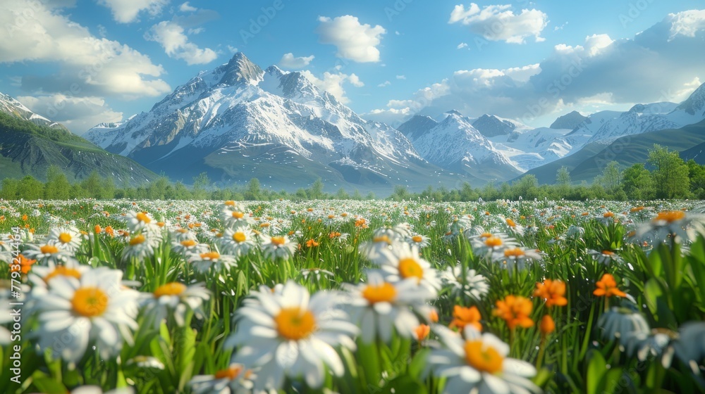 Fototapeta premium Idyllic Alpine panorama, lush meadows awash with spring blooms, majestic mountains, serene, vivid colors, panoramic view, essence of rejuvenation, AI Generative