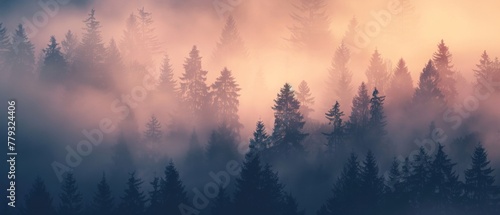 Forest in fog A mystical view of a forest shrouded in fog at sunrise, the trees' silhouettes captured in ethereal high-resolutio, AI Generative